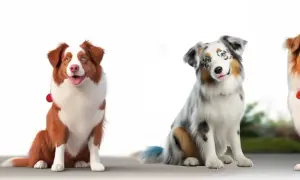 Cztery owczarki australijskie prezentują różnorodne owczarek australijski kolory: tricolor, red merle, blue merle i red tri.