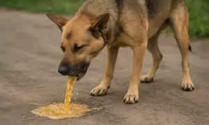 Pies wymiotuje żółtą cieczą, a jego stan wskazuje na biegunkę z krwią.