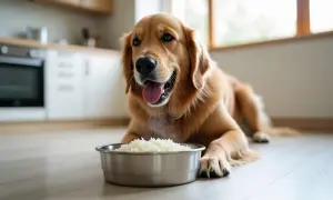 Złoty retriever leży obok miski z ryżem, zastanawiając się, czy pies może jeść ryż.