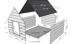 Wymiary budy dla owczarka niemieckiego: podstawa 109x84 cm, wysokość 97 cm, dach 122x107 cm. Okno 43x34 cm.