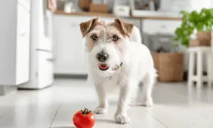 Czy pies może zupę pomidorową? Ten uroczy piesek z zaciekawieniem patrzy na pomidora, jakby zastanawiał się nad tym pytaniem.