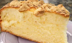 Kawałek puszystego ciasta drożdżowego z kruszonką. Czy pies może jeść ciasto drożdżowe upieczone? Lepiej nie ryzykować!