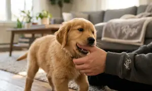 Szczeniak golden retriever gryzie rękę, ucząc się, jak oduczyć psa warczenia na domowników.