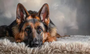 Smutny owczarek niemiecki leży na miękkim posłaniu. Zastanawia się, jak często kąpać psa tej rasy, by był czysty i zdrowy.