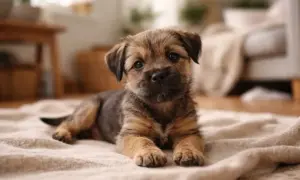 Uroczy szczeniak border terrier leży na kocu. Zastanawiasz się nad border terrier cena?