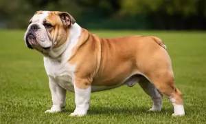 Buldog angielski o charakterystycznym, pomarszczonym pysku stoi na trawie. Jego łagodny charakter widać w spokojnym spojrzeniu.