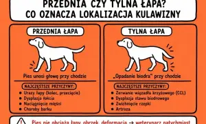 Ilustracja pokazuje, jak rozpoznać, czy pies piszczy z powodu problemów z przednią czy tylną łapą.