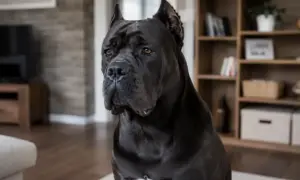 Potężny pies rasy Cane Corso siedzi w salonie. Jego cena jest wysoka, ale wart jest każdej złotówki.