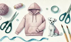 Jak zrobić ubranko dla psa z bluzy? Potrzebne: różowa bluza, nożyczki, nitka, miarka, guziki i uroczy piesek.