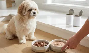 Piesek Shih Tzu zastanawia się, czy pies może jeść karmę kota. Obok niego dwie miski: jedna z suchą karmą, druga z mokrą.