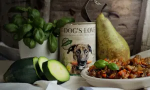 Czy pies może jeść zupy? Puszka "Dog's Love" z psem i marchewką, obok cukinia, gruszka i miseczka z jedzeniem.