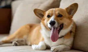 Szczęśliwy corgi leży na kanapie, dysząc z językiem na wierzchu. To normalne, dlaczego pies sapie po zabawie.