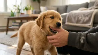 Szczeniak golden retriever gryzie rękę, ucząc się, jak oduczyć psa warczenia na domowników.