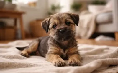 Uroczy szczeniak border terrier leży na kocu. Zastanawiasz się nad border terrier cena?
