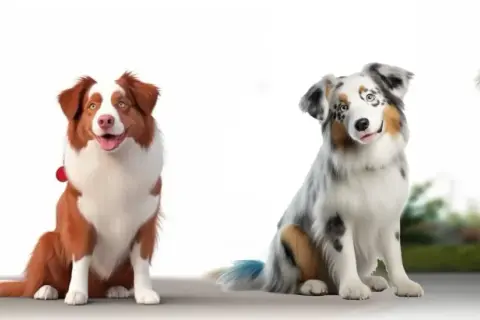 Cztery owczarki australijskie prezentują różnorodne owczarek australijski kolory: tricolor, red merle, blue merle i red tri.