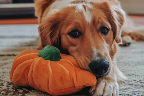 Złoty retriever leży obok pluszowej dyni, zastanawiając się, czy pies może jeść pestki dyni.