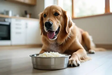 Złoty retriever leży obok miski z ryżem, zastanawiając się, czy pies może jeść ryż.