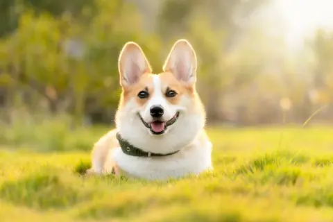 Uśmiechnięty piesek rasy corgi, jakby był pies królowej Elżbiety, leży na trawie w promieniach słońca.