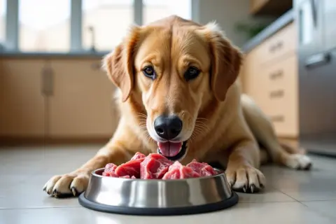 Złoty retriever z apetytem spogląda na miskę surowego mięsa, zastanawiając się, czy pies może jeść surowe mięso.