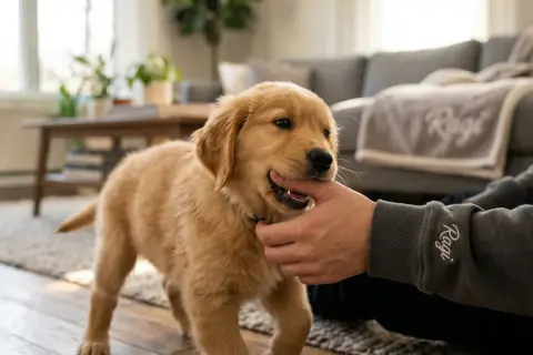 Szczeniak golden retriever gryzie rękę, ucząc się, jak oduczyć psa warczenia na domowników.