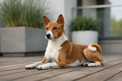 Elegancki basenji leży na drewnianym tarasie. Zastanawiasz się nad basenji cena?