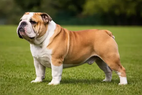 Buldog angielski o charakterystycznym, pomarszczonym pysku stoi na trawie. Jego łagodny charakter widać w spokojnym spojrzeniu.
