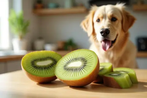 Złoty retriever z zaciekawieniem patrzy na pokrojone kiwi. Czy pies może jeść kiwi? To pytanie nurtuje wielu właścicieli czworonogów.