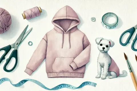 Jak zrobić ubranko dla psa z bluzy? Potrzebne: różowa bluza, nożyczki, nitka, miarka, guziki i uroczy piesek.