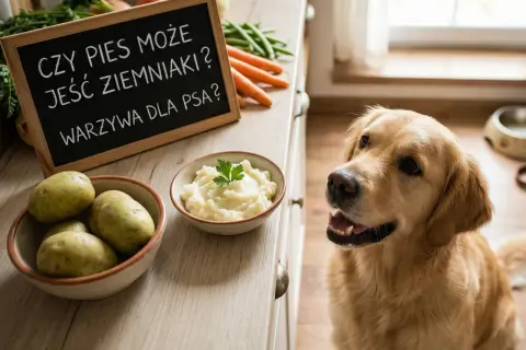 Złoty retriever patrzy na miskę z puree ziemniaczanym, a tabliczka głosi: "Czy psy mogą jeść ziemniaki?".