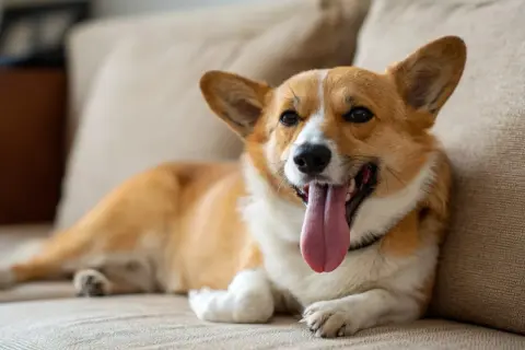 Szczęśliwy corgi leży na kanapie, dysząc z językiem na wierzchu. To normalne, dlaczego pies sapie po zabawie.