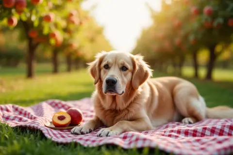 Złoty retriever leży na piknikowym kocu obok brzoskwiń. Czy pies może jeść brzoskwinie? To pytanie nurtuje wielu właścicieli czworonogów.