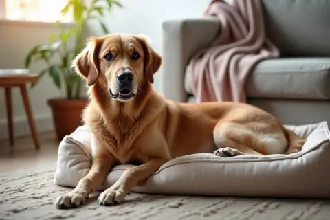 Złoty retriever leży na swoim posłaniu. Psu burczy w brzuchu i nie chce jeść, wygląda na smutnego.