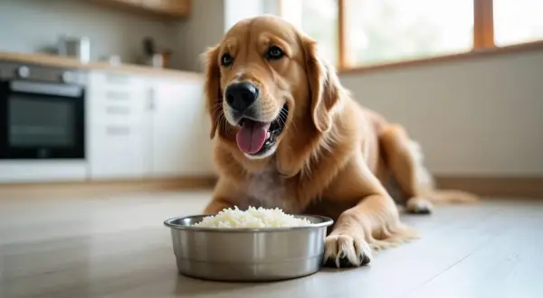 Złoty retriever leży obok miski z ryżem, zastanawiając się, czy pies może jeść ryż.