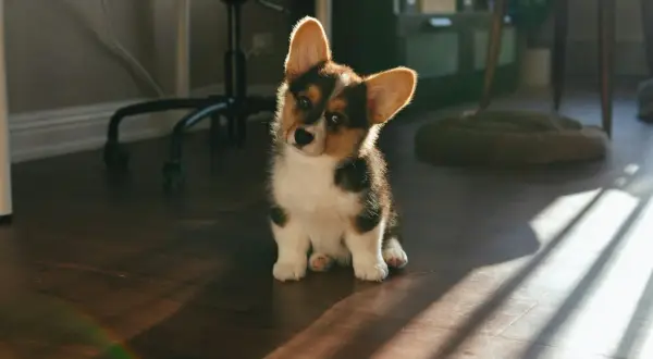 Uroczy szczeniak corgi siedzi na podłodze. Gdyby miał problemy z brzuszkiem, warto sprawdzić espumisan dla psa dawkowanie.