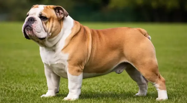 Buldog angielski o charakterystycznym, pomarszczonym pysku stoi na trawie. Jego łagodny charakter widać w spokojnym spojrzeniu.