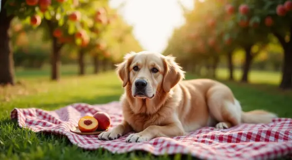 Złoty retriever leży na piknikowym kocu obok brzoskwiń. Czy pies może jeść brzoskwinie? To pytanie nurtuje wielu właścicieli czworonogów.
