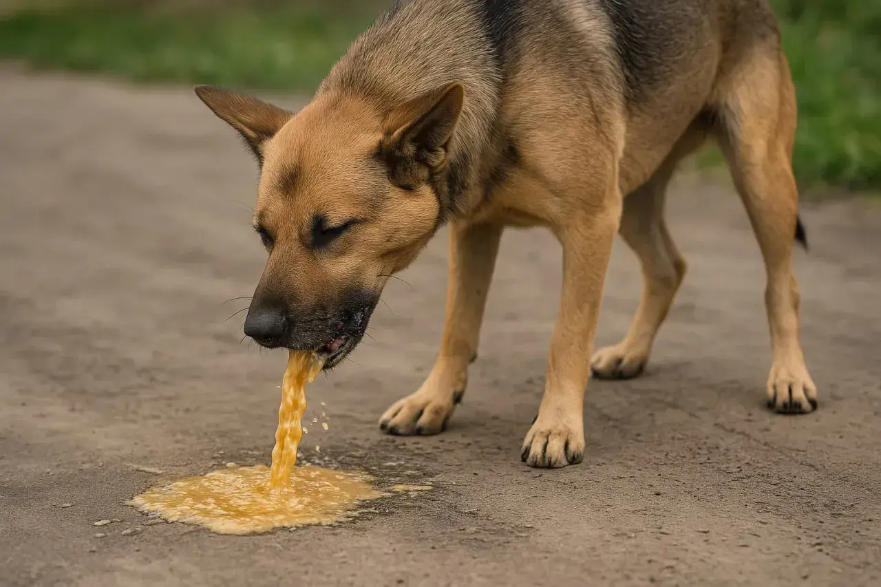 Pies wymiotuje żółtą cieczą, a jego stan wskazuje na biegunkę z krwią.