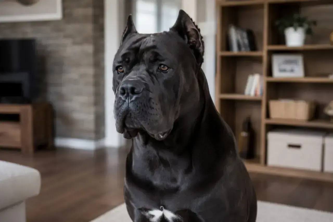 Potężny pies rasy Cane Corso siedzi w salonie. Jego cena jest wysoka, ale wart jest każdej złotówki.