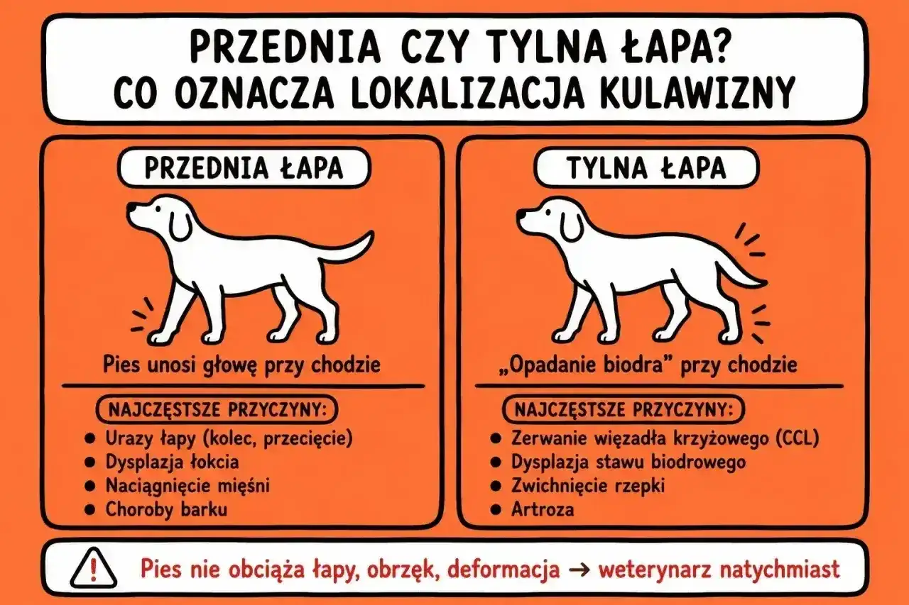 Ilustracja pokazuje, jak rozpoznać, czy pies piszczy z powodu problemów z przednią czy tylną łapą.