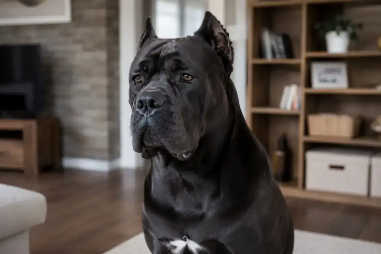 Potężny pies rasy Cane Corso siedzi w salonie. Jego cena jest wysoka, ale wart jest każdej złotówki.