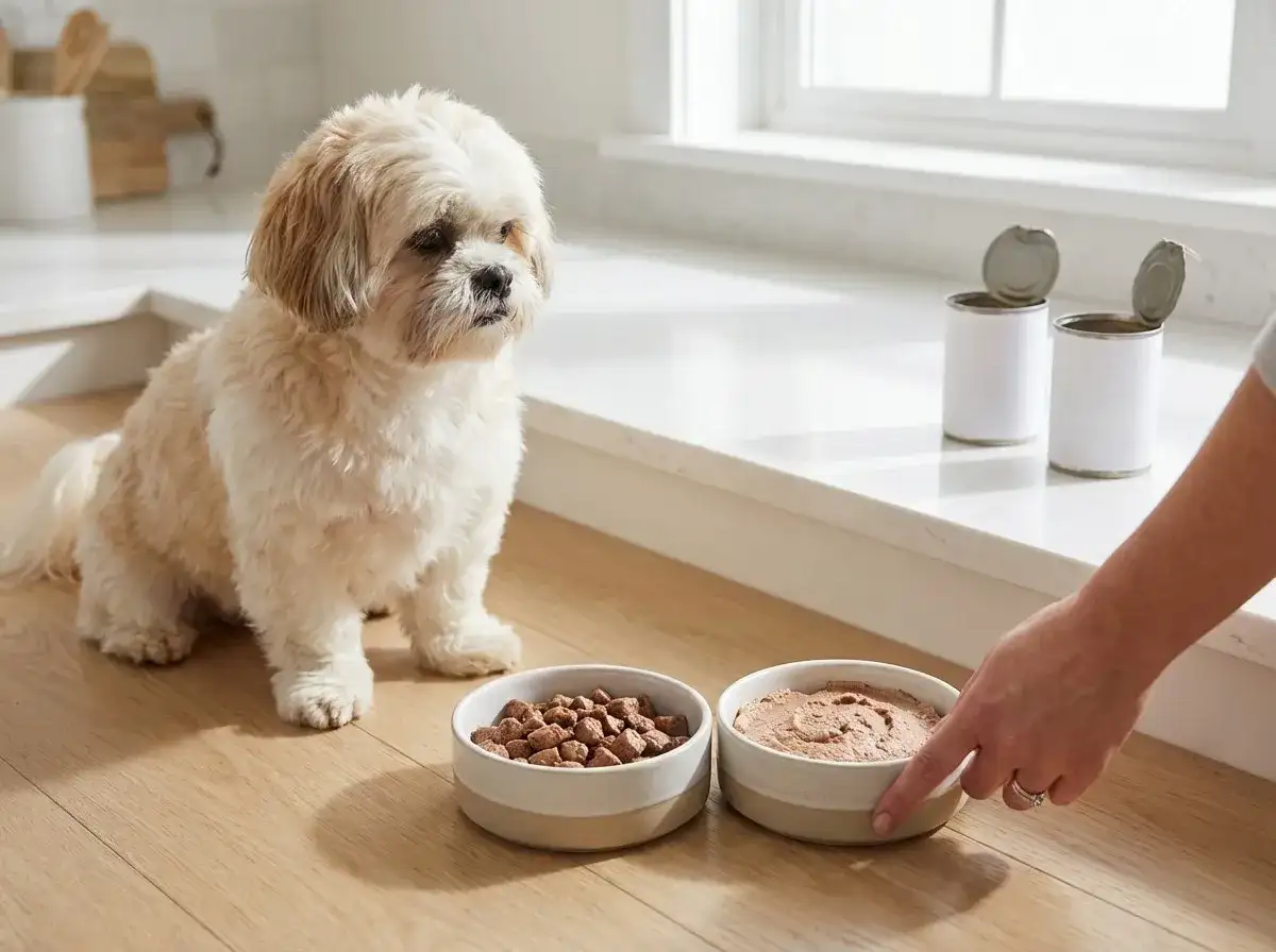 Piesek Shih Tzu zastanawia się, czy pies może jeść karmę kota. Obok niego dwie miski: jedna z suchą karmą, druga z mokrą.