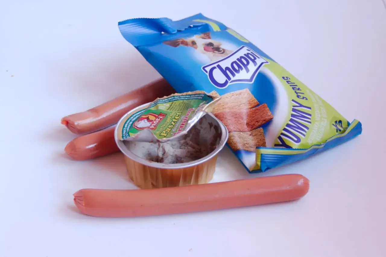 Parówki i pasztet dla psa, obok opakowanie przysmaków Chappi. Czy pies może jeść parówki?