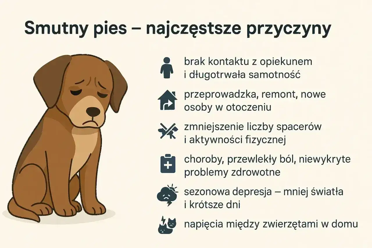 Smutny pies piszczy z tęsknoty, samotności, zmian, braku ruchu, bólu lub depresji.