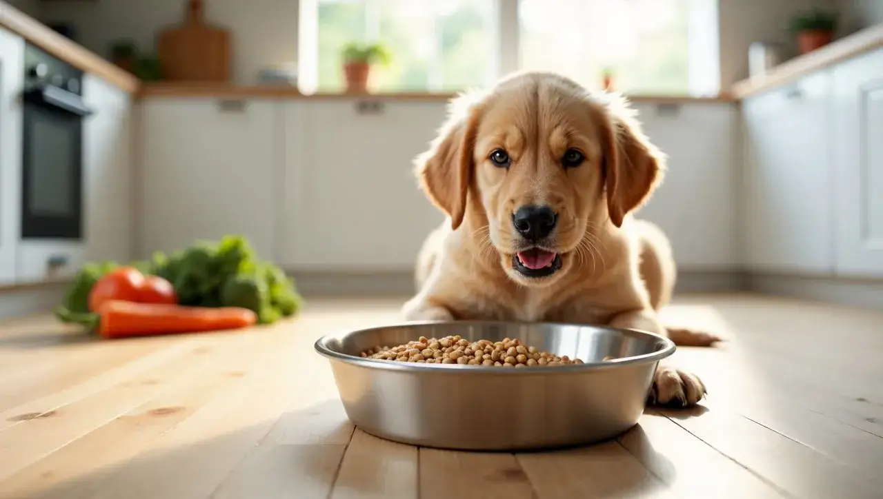 Szczeniak golden retriever leży przed miską karmy. Czy pies może jeść kaszę bulgur? Z warzywami w tle, wygląda na gotowego do posiłku.