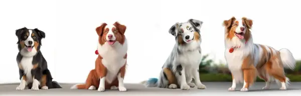 Cztery owczarki australijskie prezentują różnorodne owczarek australijski kolory: tricolor, red merle, blue merle i red tri.