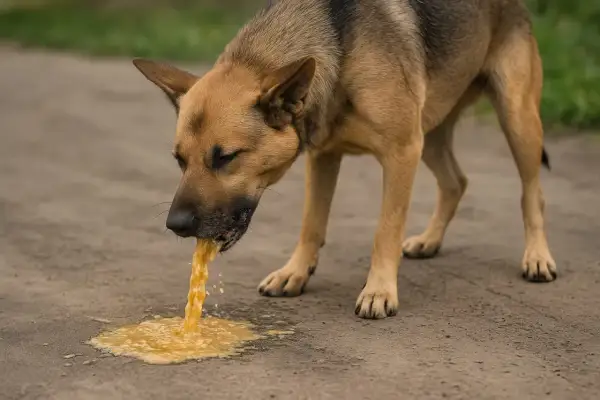 Pies wymiotuje żółtą cieczą, a jego stan wskazuje na biegunkę z krwią.