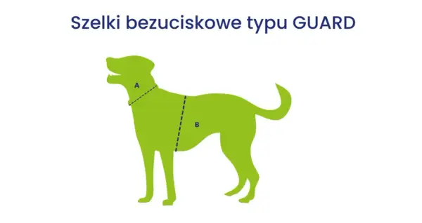 Szelki bezuciskowe typu GUARD dla psa. Linie A i B wskazują miejsca pomiaru obwodów.