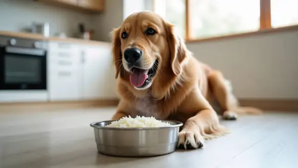Złoty retriever leży obok miski z ryżem, zastanawiając się, czy pies może jeść ryż.