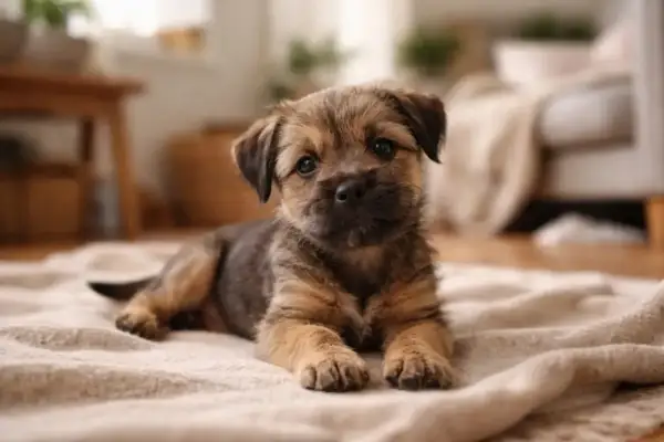 Uroczy szczeniak border terrier leży na kocu. Zastanawiasz się nad border terrier cena?