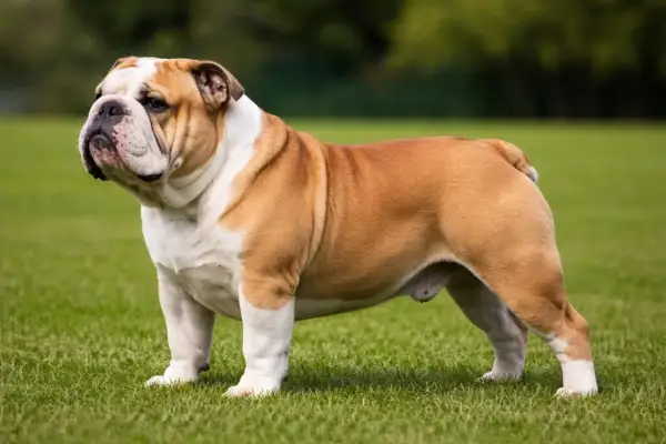 Buldog angielski o charakterystycznym, pomarszczonym pysku stoi na trawie. Jego łagodny charakter widać w spokojnym spojrzeniu.